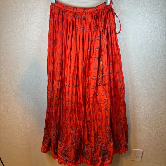 J. Peterman Dresses & Skirts - J. Peterman Orange Silk Boho Maxi Skirt Printed Tassel Tie Waist Size 4